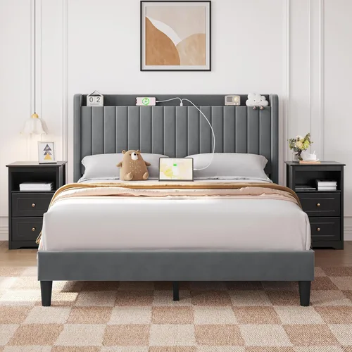 Vista 2 de Yaheetech Juego de 2 mesitas de noche, mesitas de noche de madera con 2 cajones y compartimento, 2 piezas de mesita de noche alta para dormitorio