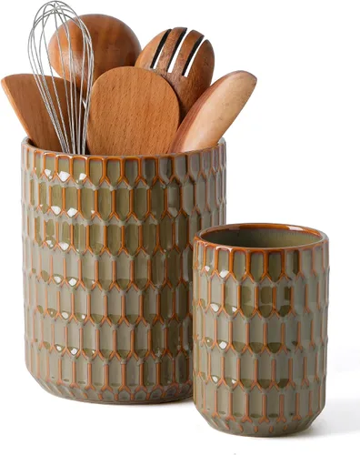 Vista 10 de Portautensilios, 7.3"+5.4" Portautensilios de Cerámica para Cocina para Encimera, Recipiente Grande para Utensilios de Cocina para Encimera de Beige