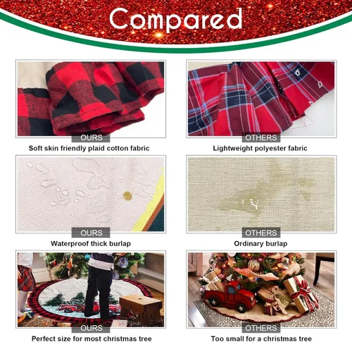 Vista 8 de ORTIGIA Falda de Árbol de Navidad de Camión de 48 Pulgadas Cuadros Búfalo Rojo Negro Falda de Árbol de Navidad Cuello Borde con Volantes para Granja