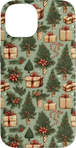 Vista 4 de Vintage Christmas Theme Holiday Trees, Presents, Teal, Bows Case for iPhone 17
