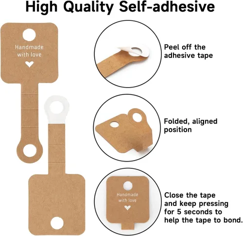 Vista 4 de joycraft 100 tarjetas autoadhesivas para pulseras, papel kraft hecho a mano con tarjetas en blanco de amor, embalaje de joyería para vender