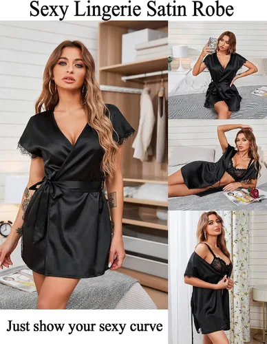 Vista 4 de Avidlove - Bata para mujer satinada con detalles de encaje, con lazos interiores, tipo kimono