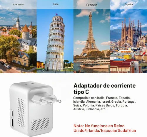 Vista 5 de Adaptador de enchufe de conversión de voltaje de 220V a 110V para viajar de Estados Unidos a Europa con 2 puertos USB y 2 puertos USBC PD 20 W, 2