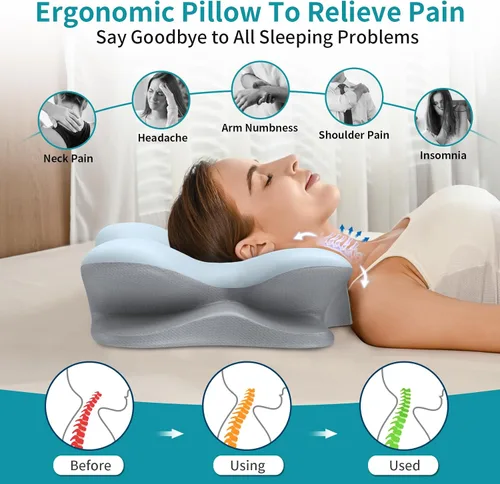 Vista 3 de Almohada cervical para el cuello para aliviar el dolor, almohada ergonómica para apoyo del cuello, almohadas de espuma viscoelástica de contorno Azul