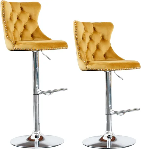 Vista 19 de Juego de 2 taburetes de bar de terciopelo beige, sillas de bar giratorias ajustables con respaldo