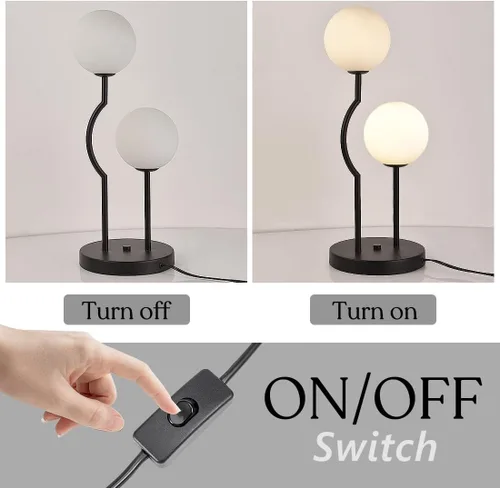 Vista 5 de Lámpara de mesa de globo negro de mediados de siglo industrial retro con 2 luces orbiculares de escritorio con globo de vidrio blanco para mesita