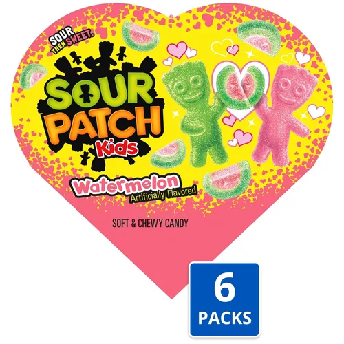 Vista 4 de SOUR PATCH KIDS Caramelos suaves y masticables de sandía para el día de San Valentín, caja en forma de corazón de 6 - 3.4 onzas