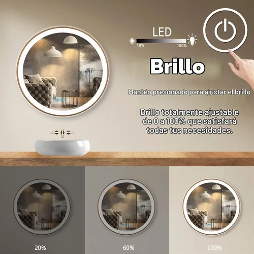Vista 2 de Espejo de baño LED redondo con marco de madera con luces de 20 pulgadas, espejo de pared iluminado, 3 colores regulables, antiniebla, espejo 20.0 in