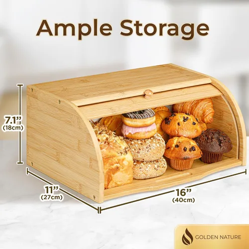 Vista 2 de Caja de pan de bambú para encimera de cocina, gran contenedor de alimentos de madera con tapa enrollable, vintage, para guardar bagels, muffins