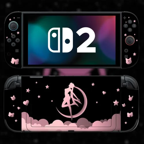 Vista 2 de BelugaDesign Magical Girl Skin Compatible con Nintendo Switch 2 Lindo Vinilo Kawaii Anime de Color Rosa y Negro con Diseño de Manga Japonés