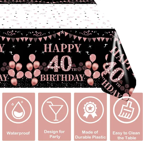 Vista 3 de Mantel rectangular grande de 54 x 108 pulgadas para cumpleaños de mujeres y hombres, decoración de mesa temática de 40 cumpleaños para mujeres
