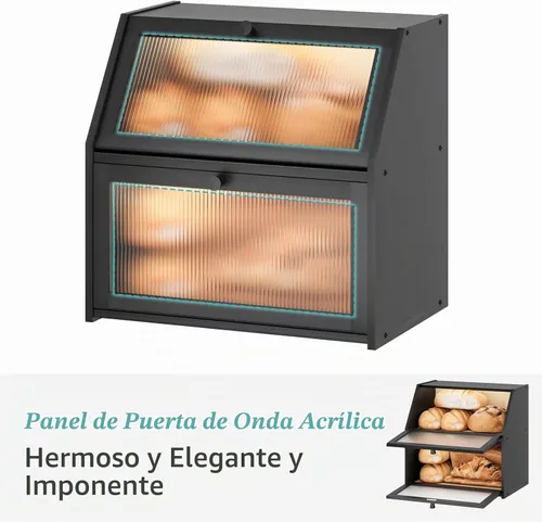 Vista 3 de Caja de pan extra grande negra para mostrador de cocina, caja de pan de bambú de doble capa grande, capacidad de almacenamiento de pan de madera