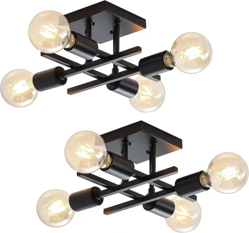 Vista 13 de Lámpara industrial de techo semiempotrada de 4 luces, lámpara de araña negra de granja, moderna lámpara de techo Sputnik con base E26 para cocina