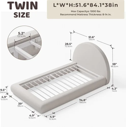 Vista 2 de RECCI AirFrame - Base de cama tapizada de media luna con plataforma doble, base curvada de terciopelo con cabecero, espuma acolchada totalmente