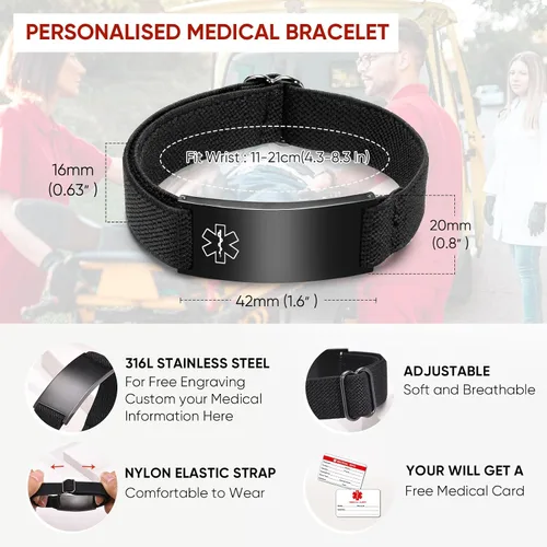 Vista 5 de Pulsera de alerta médica personalizada para hombres - Pulseras de identificación de acero inoxidable con correa elástica personalizada grabada