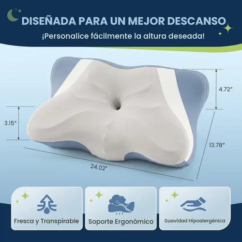 Vista 2 de OLIXIS Almohada cervical de contorno para aliviar el dolor de cuello, ergonómica de doble altura Gris y azul