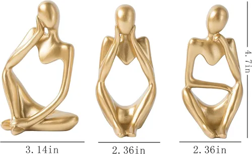 Vista 2 de Estatua de pensador de arte abstracto, 3 piezas de escultura de resina para decoración de mesa de oficina, sala de estar, estante, figuras doradas