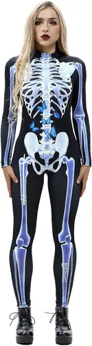 Vista 7 de Disfraz de esqueleto de calavera para Halloween para mujer, overol elástico y ajustado Skull Skeleton Costume Jumpsuits Stretch Skinny Catsuit