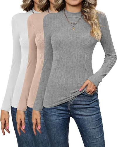 Vista 2 de Xaatren Paquete de 3 camisas de cuello alto falso para mujer, manga larga, ajustadas, elásticas, básicas, ligeras, bustier