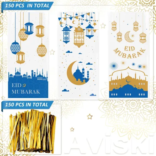 Vista 2 de Aviski 150 bolsas de regalo para fiesta de Eid Mubarak, con temática de Ramadán, bolsas de regalo de celofán de plástico transparente con lazos