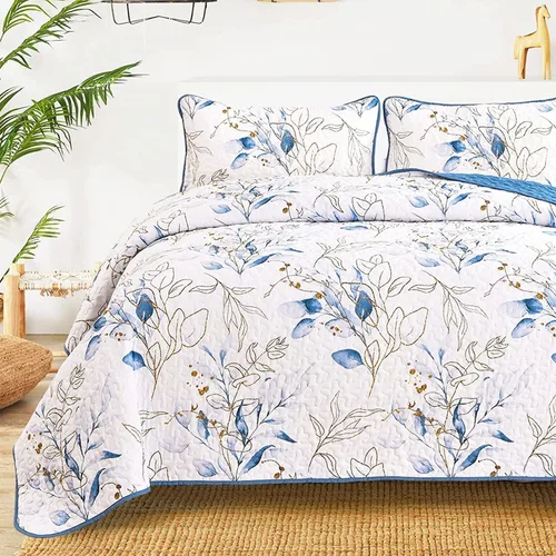 Vista 7 de Anibedding Juego de edredón botánico tamaño Full, 3 piezas reversible, elegante patrón de hojas azules, cubrecama colcha de microfibra suave