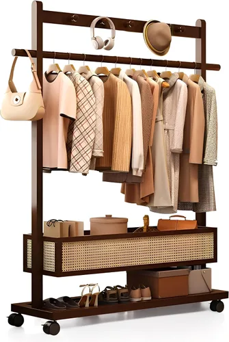 Vista 8 de Perchero con estantes, resistente con cesta de almacenamiento, estantes de ropa rodantes de bambú para espacios pequeños, dormitorio, entrada