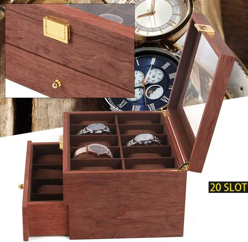 Vista 8 de Caja de reloj con 20 ranuras para reloj, 2 capas, con tapa superior de acrílico, organizador de relojes para hombres y mujeres, palo de rosa