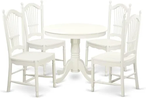 Vista 13 de East West Furniture ANDO3-BCH-W Juego de mesa de comedor de 3 piezas contiene una mesa redonda de madera con pedestal y 2 sillas de comedor