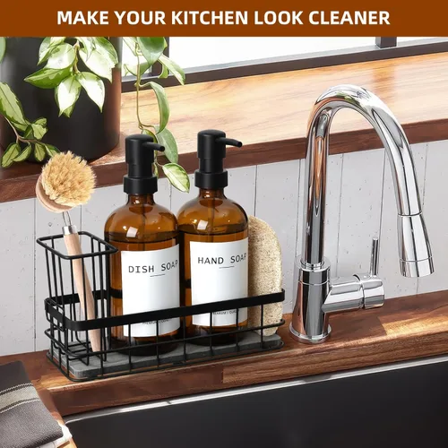 Vista 7 de Dispensador de jabón para platos para cocina, dispensadores de jabón de manos y platos ámbar de 16.9 onzas líquidas, juego de dispensador de jabón