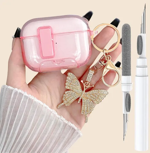 Vista 10 de Bonita funda rosa para Airpods de 4 generación con cerradura y llavero de mariposa brillante para mujeres femeninas, funda rígida transparente única