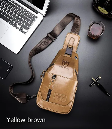 Vista 2 de BULLCAPTAIN Cuero auténtico hombres Sling mochila multi bolsillo crossbody pecho Bolsas viaje senderismo Daypack, Mochilas Sling, marrón