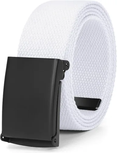 Vista 8 de WHIPPY Cinturón de tela con hebilla militar de color negro sólido, tapa abatible, totalmente ajustable, para hombre, con corte a medida