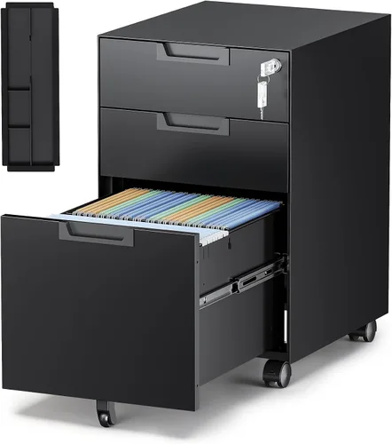 Vista 28 de Archivador de metal con 2 cajones con cerradura, gabinete archivador con soporte para impresora móvil y estantes para archivos de tamaño Negro