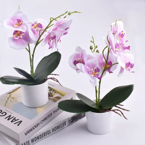 Vista 6 de XONOR Flores artificiales de orquídea, 2 piezas de flores de orquídea en maceta con jarrón de plástico para centro de mesa, decoración del hogar