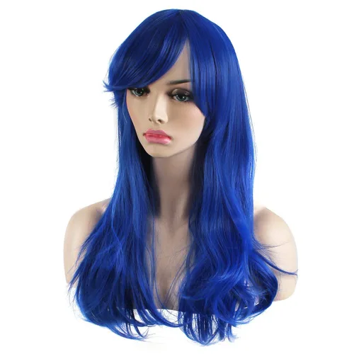 Vista 4 de Peluca de cosplay para mujeres con gorra, peluca de 28in largo y ondulado resistente al calor de AKStor, Azul