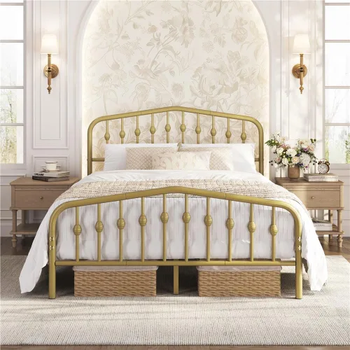 Vista 17 de Yaheetech - Base de cama metálica de tamaño individual con plataforma de cama de metal con cabecero y estribo de estilo victoriano/Fácil montaje/Sin