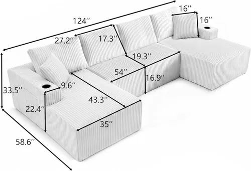 Vista 2 de Sofá cama modular de 124 pulgadas, sofá de nube sin hueso para sala de estar, sofá de 5 asientos en forma de U con 2 bolsillos de almacenamiento y 2