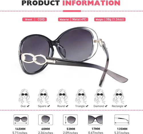 Vista 5 de CGID Gafas de sol de gran tamaño de moda para mujer con marco retro polarizado UV400 sombras degradado negro