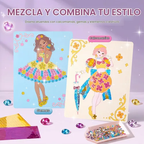 Vista 4 de Jar Melo Libros de actividades de maquillaje para niñas de 4 a 8 años, kit de manualidades 6 en 1 con arte de aluminio, calcomanías de gemas