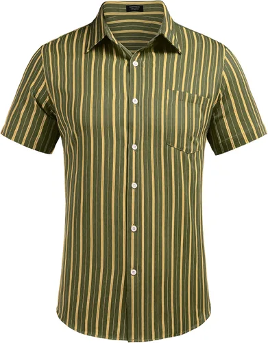 Vista 2 de COOFANDY - Camisa de lino de manga corta con botones estilo informal para hombre, para la playa