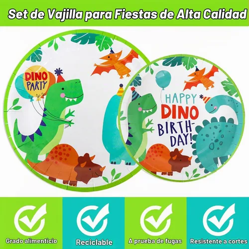 Vista 4 de 96 piezas de suministros de fiesta de dinosaurios, decoración de fiesta de cumpleaños con temática de dinosaurio, incluye platos, servilletas