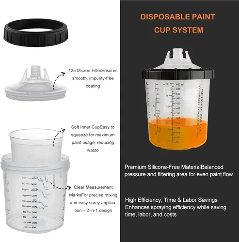 Vista 5 de El kit de pistola de pulverización de aire HVLP incluye 10 vasos de pintura desechables de 22.0 fl oz con boquillas de 1.4/1.7/0.079 in. La pistola