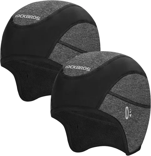 Vista 14 de ROCKBROS Gorras de ciclismo de invierno para hombres y mujeres, sombrero de ciclismo a prueba de viento con visera solar debajo del casco forro negro