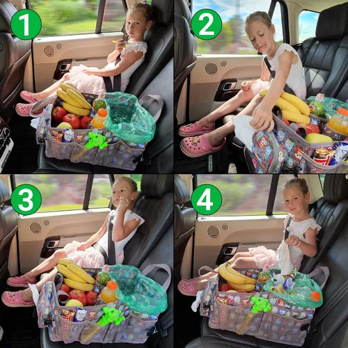 Vista 7 de Organizador de automóvil para niños de fácil acceso con caja de pañuelos y portavasos para asiento trasero, asiento delantero, entre asientos, piso