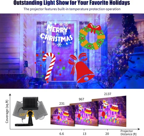 Vista 3 de Minetom Proyector de luces de Navidad de Halloween para exteriores, 26 efectos HD (ondas oceánicas 3D + patrones), impermeable, con temporizador