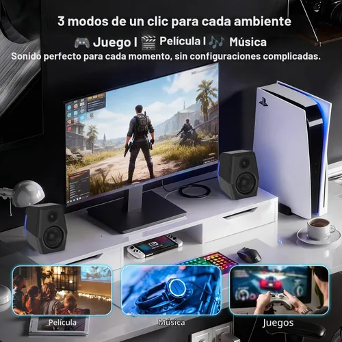 Vista 4 de Sanyun SW209 - Altavoces para juegos de PC de 36 W con DAC USB de 24 bits, Bluetooth 5.2 y entradas auxiliares, 3 modos de sonido EQ, altavoces