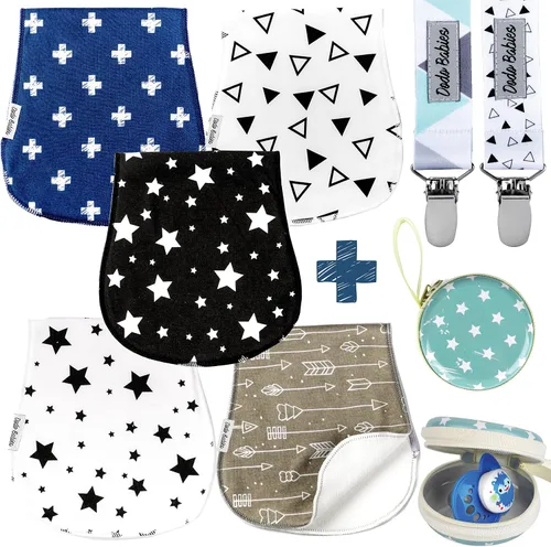 Vista 9 de Dodo Babies Paños de algodón para eructos – Algodón absorbente esencial para bebé – Hombro contorneado para bebé niño – Clip para chupete y estuche