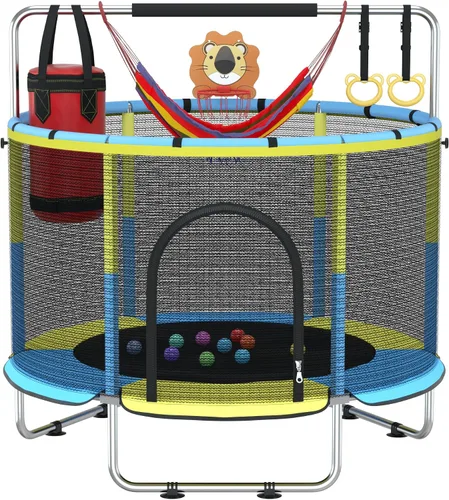 Vista 10 de Cama elástica para niños con malla de encierro, cama elástica mini para interiores y exteriores con barra de gimnasia ajustable, aro de baloncesto