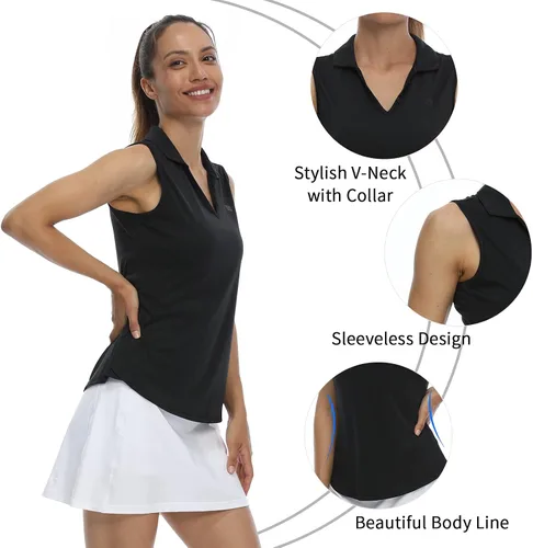 Vista 2 de LastFor1 Camisetas de golf sin mangas para mujer, de secado rápido, protección UV 50+, cuello en V con cuello, ligeras, camisetas sin mangas