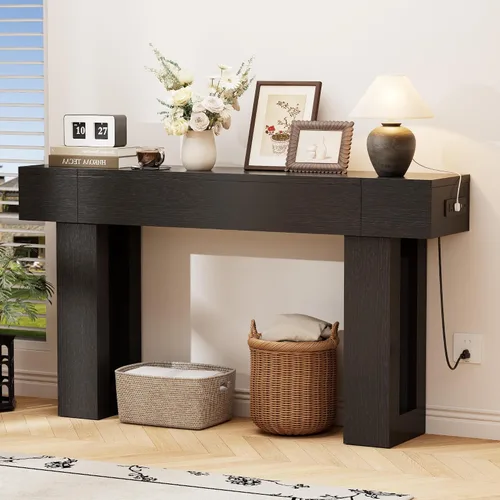 Vista 8 de Mesa consola de 63 pulgadas de largo con salidas y puertos USB, mesa rectangular estrecha para sofá detrás del sofá, mesa de entrada de granja